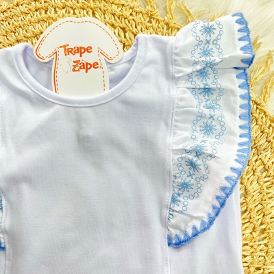 Conjunto Branco e Azul com mangas bordadas